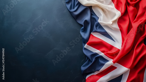 Concept: Patriotism. Union Jack flag draped on dark blue backdrop
