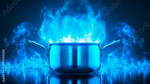 Surreal Cooking: Metallic Pot with Intense Blue Emanation, Concept for Culinary Excellence