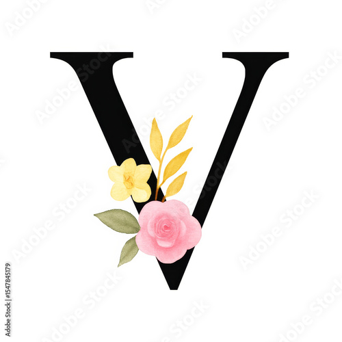 Serif V Letter with Soft Watercolor Botanical Accents