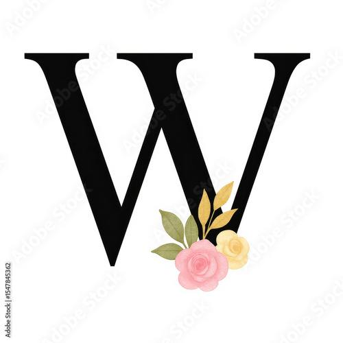 Uppercase W Monogram with Watercolor Floral Elements