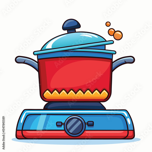 Cartoon illustration of a cooking pot on a gas stove with steam in a vector illustration