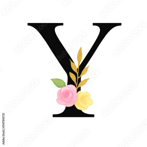 Floral Y Letter Monogram with Watercolor Flower Decoration