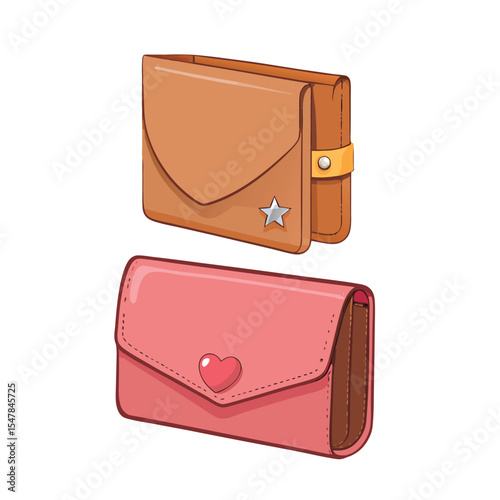 Two stylish cartoon wallets of different colors with star and heart decorations vector illustration