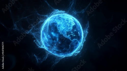 motion rotating globe in blue tones with lines of force fields and data streams. Technological  moving background.