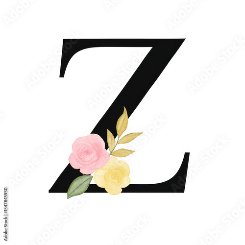 Watercolor Letter Z with Botanical Flowers on White Background