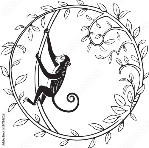 Circular frame created with spiraling jungle vines looping smoothly around with visible natural details, great for exotic botanical borders or rainforest art