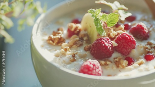 Delightful morning breakfast, yogurt with fresh raspberries and nuts bowl