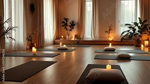Tranquil yoga studio interior with candles yoga mats and natural light calming ambiance