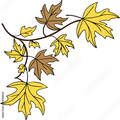 Corner border illustration with yellow and brown autumn leaves arranged naturally in one side, perfect for seasonal frames, Thanksgiving cards, or fall decorations