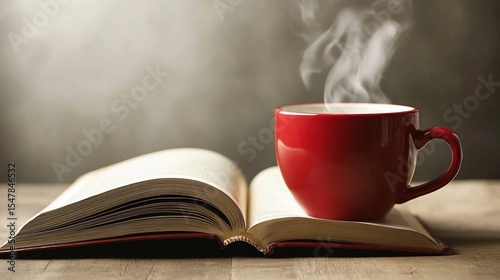 Cozy Break: Red Mug with Hot Drink on Open Book in Gentle Lighting