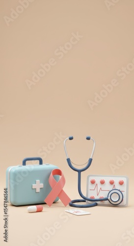 Breast Cancer Awareness: Medical Kit, Stethoscope, and Ribbon, 3D Render