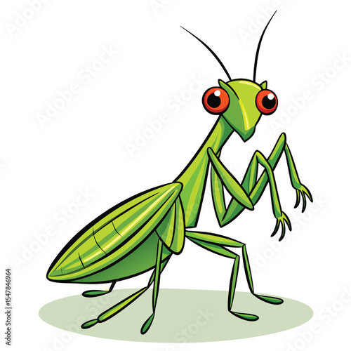 Cartoon green praying mantis insect posing isolated on white background vector illustration