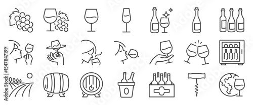 wine icon set. It included glass, bottle, sommelier, liquor, and more icons. Editable Vector Stroke.