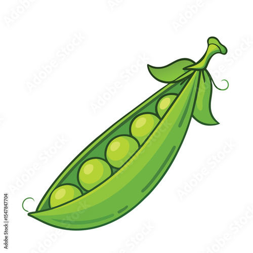Vibrant cartoon illustration of a fresh pea pod containing multiple green peas design