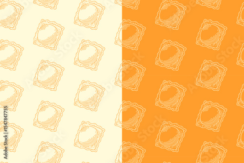 Ravioli pasta line art seamless pattern on yellow white background. Italian ravioli pasta engraving doodle pattern background. Ravioli wallpaper. Food, restaurant, foodstuff. Vector illustration