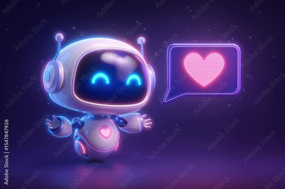 I love You Chat! Cheerful cartoon-style animation of a friendly chatbot interacting with users. Ideal for tech promos, digital communication, AI assistants, and customer support content.