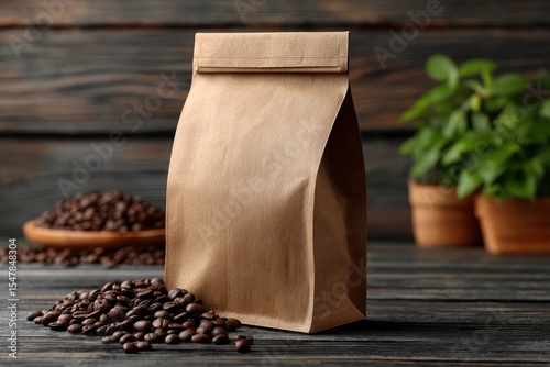 A brown kraft paper bag sits on a wooden table amidst scattered coffee beans with potted plants in the background
