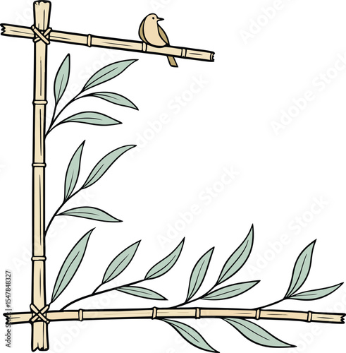 L shaped bamboo stick frame with few scattered leaves, flat layout and clean alignment, ideal for Asian-style art, eco-product packaging, or nature-themed content