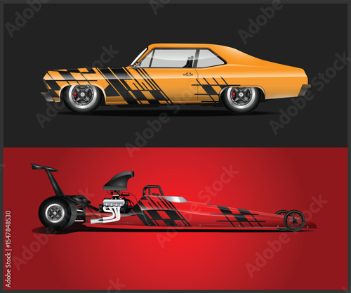 Classic Muscle Car and Modern Dragster with Geometric Graphics Illustration