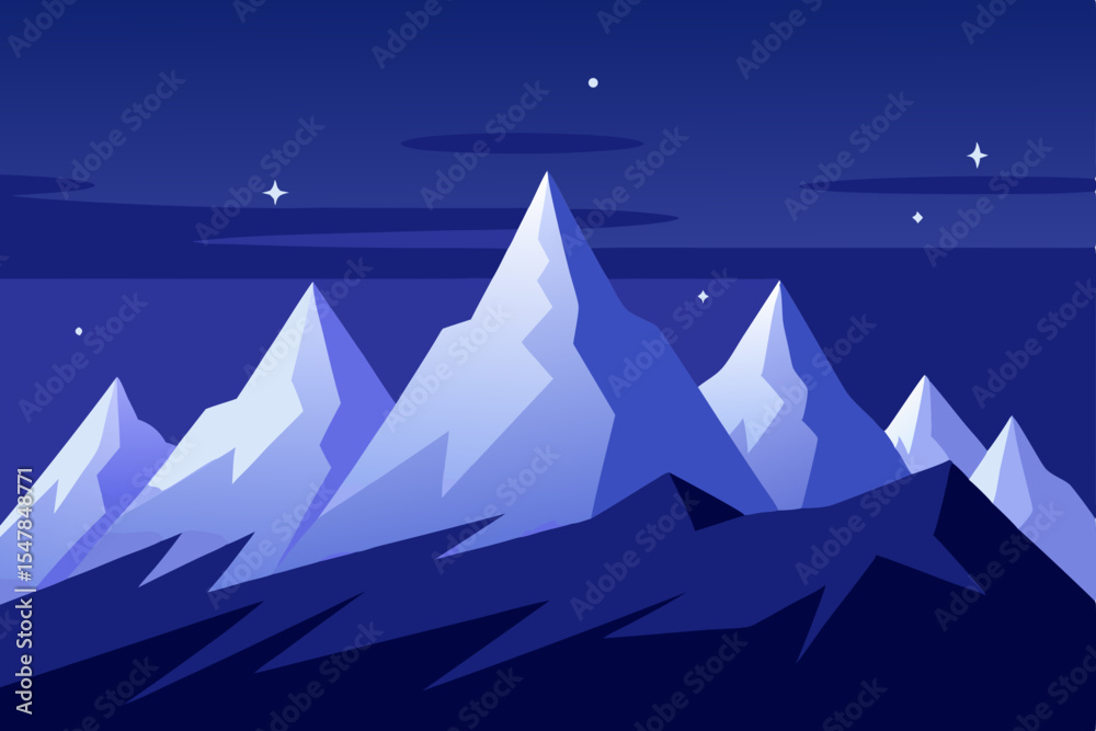 Obraz premium Snowy winter mountain landscape vector illustration with trees and a starry night sky
