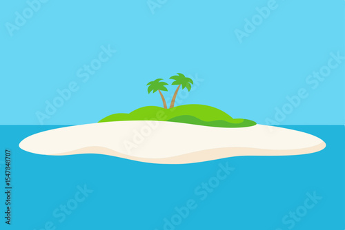 Tropical island beach scene with a lone palm tree, clear blue sky, and a serene ocean landscape, perfect for a summer vacation design