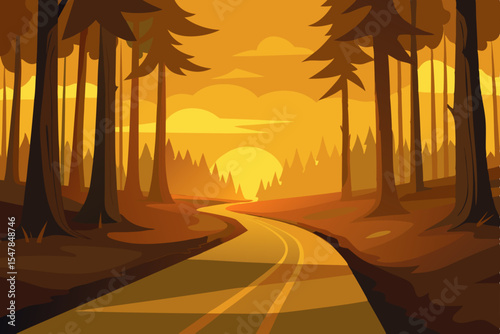 Road trip sunset journey: fall colors paint the sky, trees line the highway, and the sun dips below the horizon