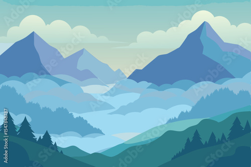 Mist-kissed peaks pierce the blue morning sky, a serene mountain landscape veiled in fog and snow