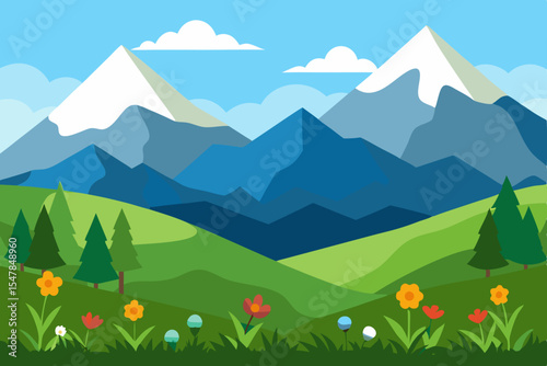 Vibrant summer mountain landscape with green meadows, a clear sky, and distant peaks