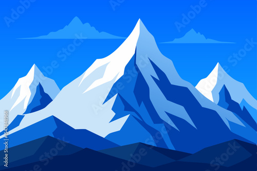 High alpine panorama of a snowy winter mountain landscape with icy peaks and a blue sky dotted with clouds