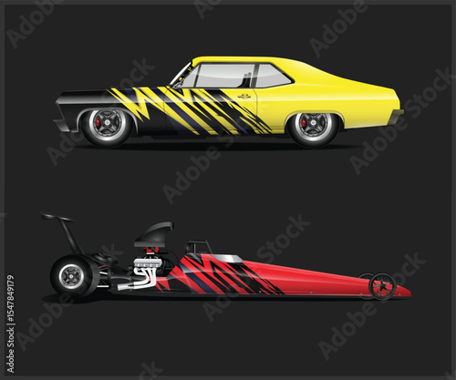 Two Race Cars A Classic Muscle Car and a Dragster