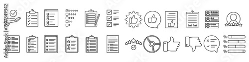Survey icon vector set. Feedback illustration sign collection. Including question symbol. Survey web icons. satisfaction symbols for web and mobile app.