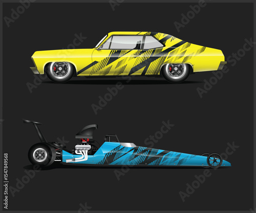 Yellow Hot Rod and Blue Dragster Race Cars on a Dark Background