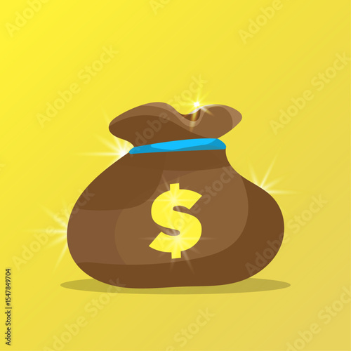 bag of money vector flat illustration on yellow background with reflection