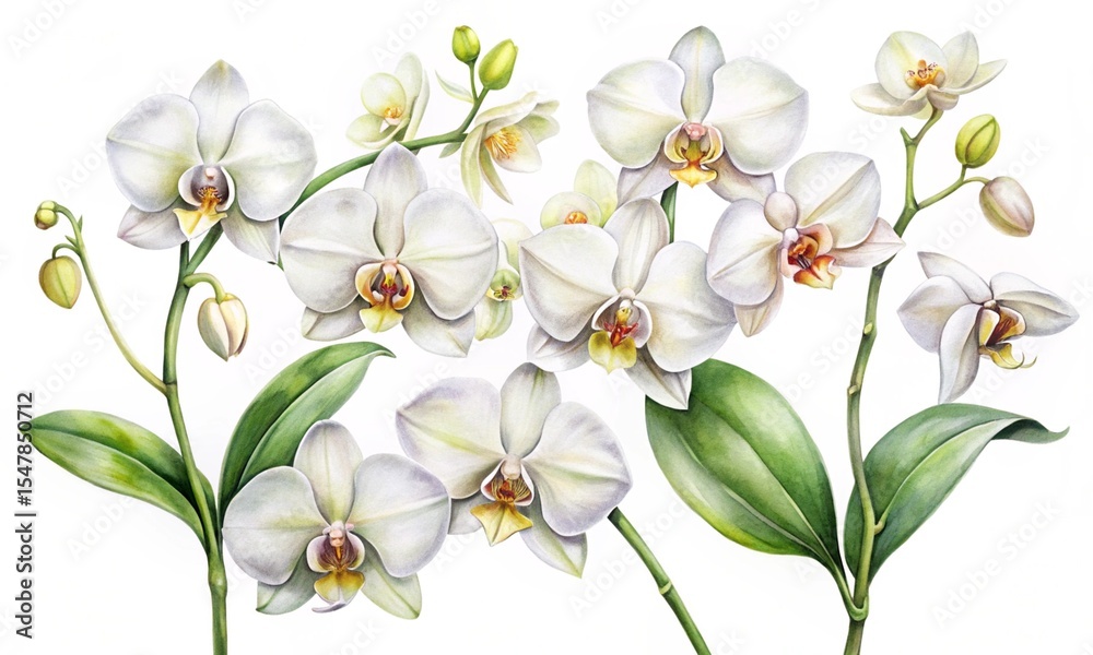 Fototapeta premium Watercolor set of white orchids. White wild orchid flowers.