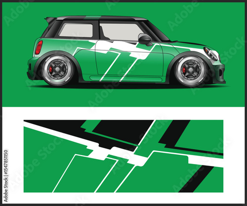 Green Mini Cooper with White Racing Stripes and Design Mockup