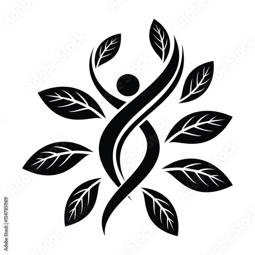  Abstract black silhouette of a human figure with arms outstretched, surrounded by leaves. Represents growth, nature, health, well-being, life, and environmental concepts.