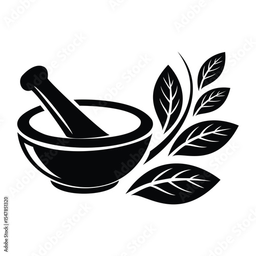 Classic black and white vector illustration of a mortar and pestle accompanied by leafy herbs, symbolizing natural medicine, pharmacy, or herbal remedies.