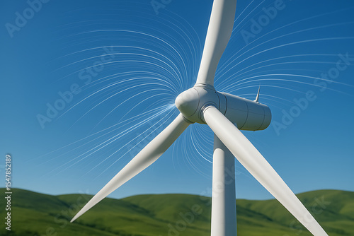 Wind Turbines on Green Hills with Airflow Holograph – Renewable Energy Generation in Eco-Friendly Landscape Under Blue Sky

