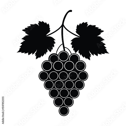 A classic black vector silhouette of a grape cluster with two leaves, perfect for wine, vineyard, fruit, food, and beverage-related designs and logos.