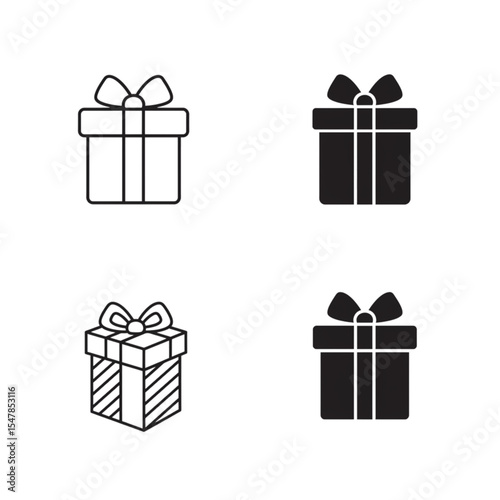 Four gift box icons in outline and solid styles arranged in a square format on a white background