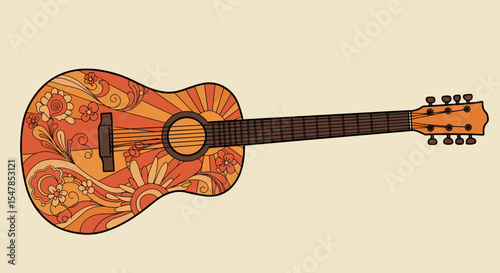 Colorful acoustic guitar with floral design on textured background , for music events, artistic branding and creative decor