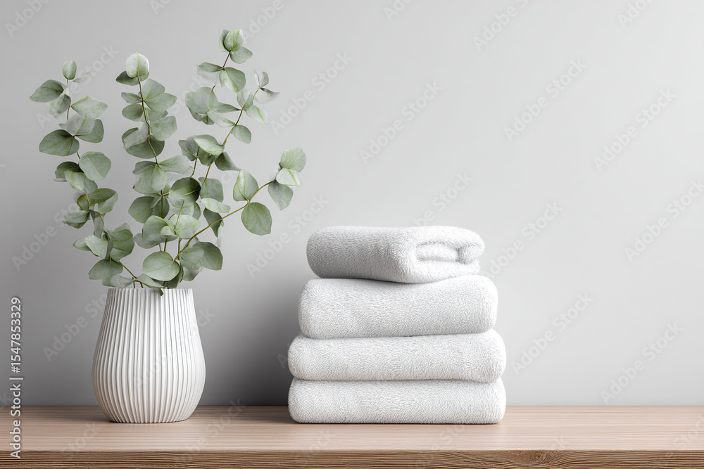 Minimalist laundry setup with folded white towels, eucalyptus in vase, lower left arranged Minimalist laundry setup with folded white towels, eucalyptus in vase, lower left arranged