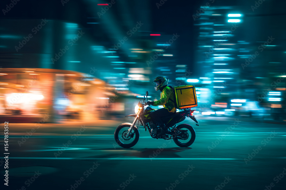 Fototapeta premium Motorbike delivery rider at night with food box glowing from LED