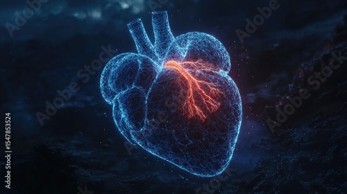 A digital illustration of a human heart, portrayed with a network of glowing clean pristine blue lines outlining its anatomy. The image is set against a dark 