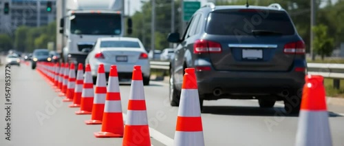 Traffic cones dividing the road. A line of bright orange traffic cones guides vehicles through the designated lanes on the road. A few vehicles, including cars and a truck, are seen on the road. 
