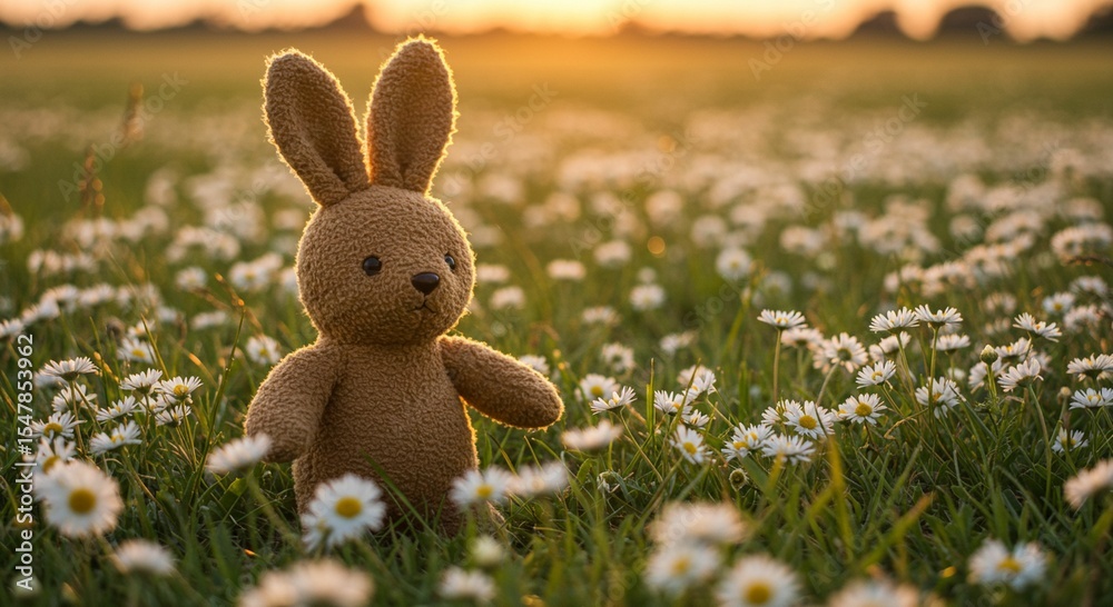 Fototapeta premium Stuffed rabbit in daisy field at sunset