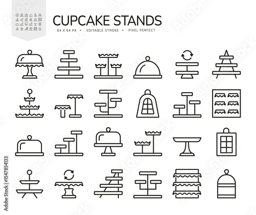 Cupcake, cake stand. Vector line icon set. Dessert candy shop equipment