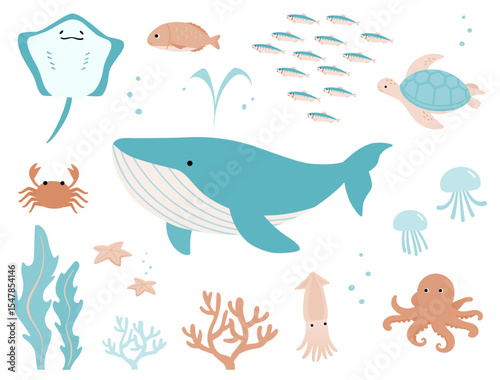 夏の海の生き物シンプルかわいいイラストセット