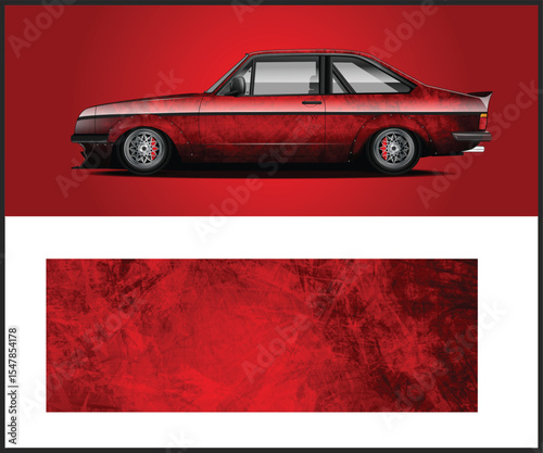Red Classic Car with Custom Body Kit and Red Abstract Background