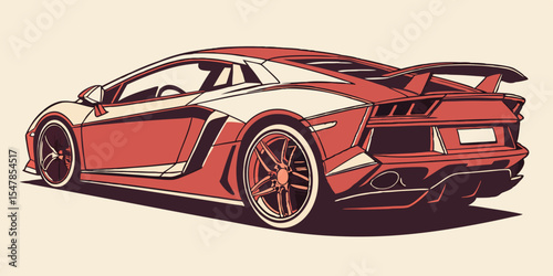 Stylized Illustration of a Red and White Sports Car Rear View with Bold Outlines and a Retro Aesthetic Against a Light Background Evoking Speed and